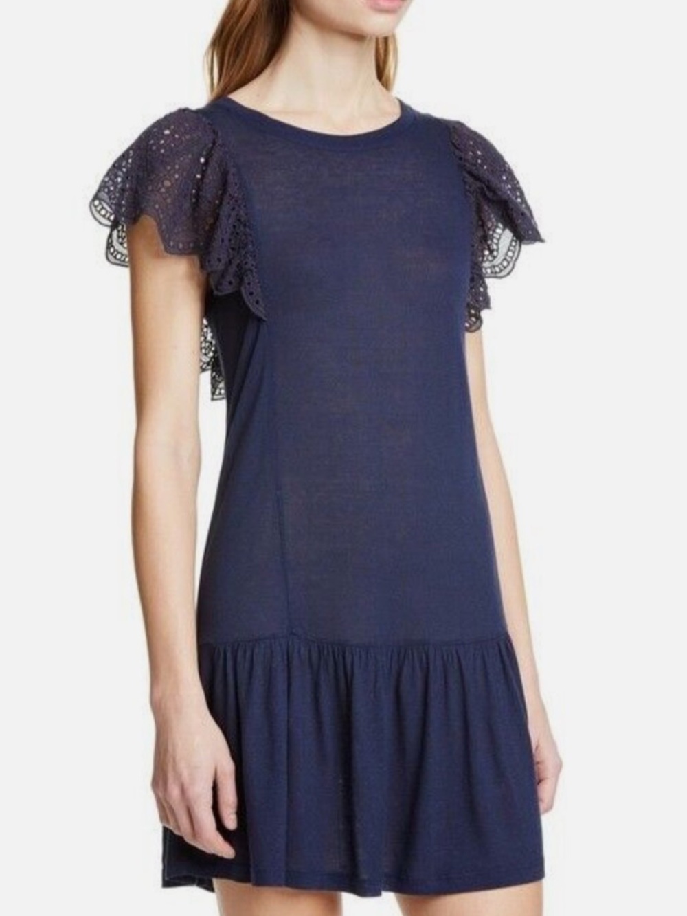 Rebecca Taylor Navy Blue Eyelet Flutter Sleeve Mini Dress Medium